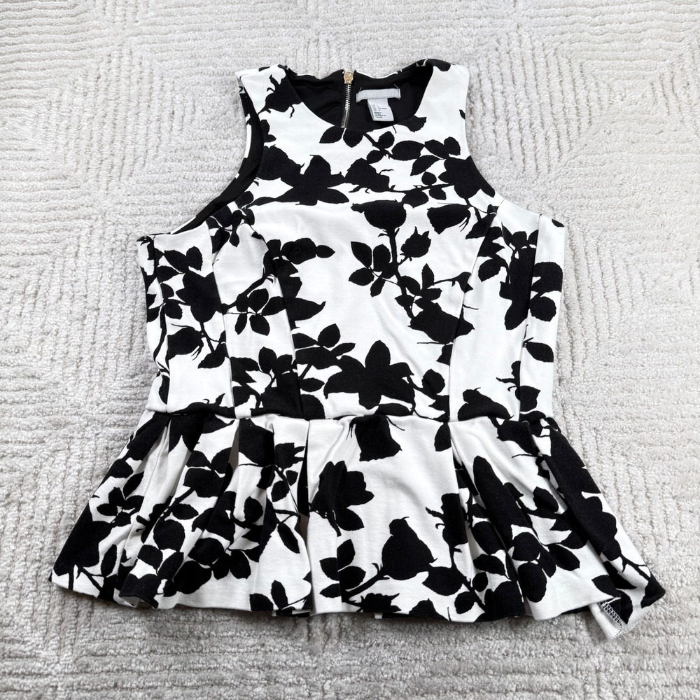 H&M Peplum Top Women's Large Black White Floral Sleeveless Office Chic Mod Work - Picture 1 of 7